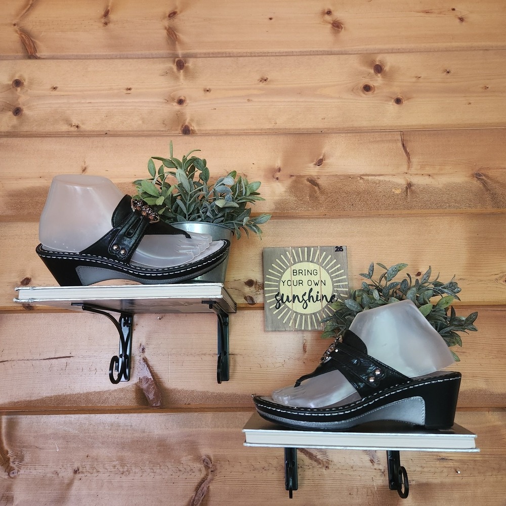 Alegria Lola Uptown Sandals Black Leather Wedge Rhinestone Buckle Stud Sz 37/6.5